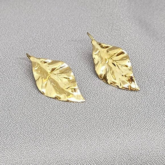 Textured Leaf Earrings, Stamped design w/ Ear Hooks, Gold Plate - 1 1/2" - Picture 6 of 9